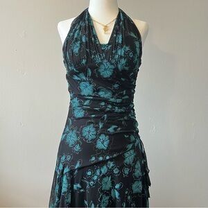 y2k vintage asymmetrical maxi halter neck dress with hawaiian floral pattern🌟